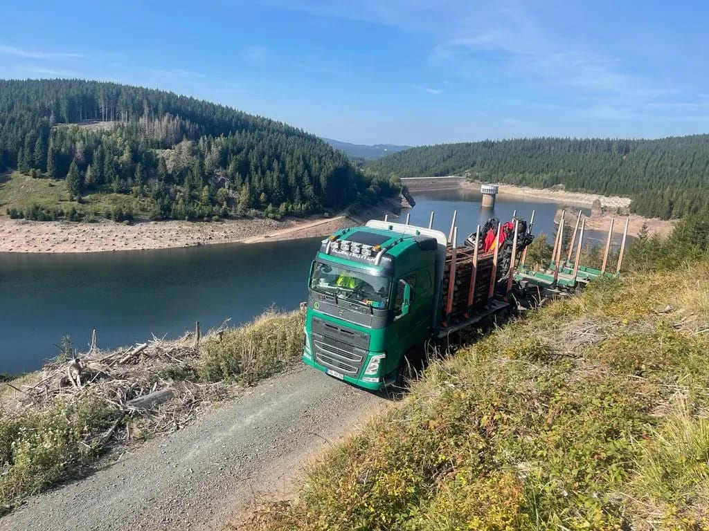 Grüner Kolmer-Rundholz-LKW mit Ladekran am Hang über einem Stausee im Bayerischen Wald